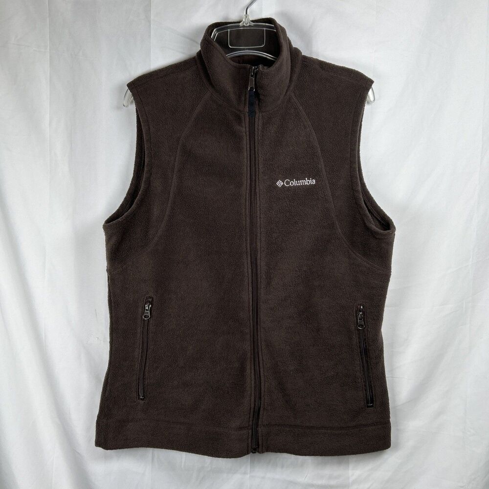 Columbia Fleece Full Zip Vest Jacket Women's Large Brown Pockets Cozy Outdoor